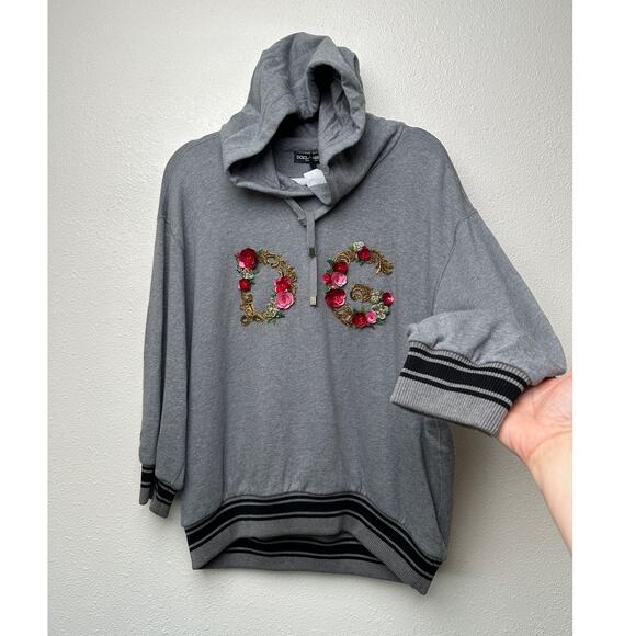 NWT Dolce & Gabbana Embellished Floral Logo Hoodie Gray Women US M - Picture 1 of 16